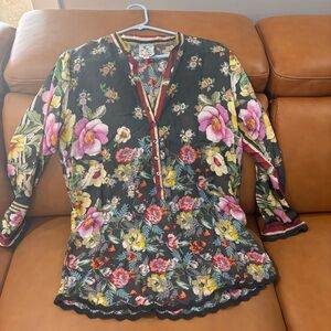 Johnny Was Women’s 100% Silk Lace Trimmed Floral Tunic Blouse